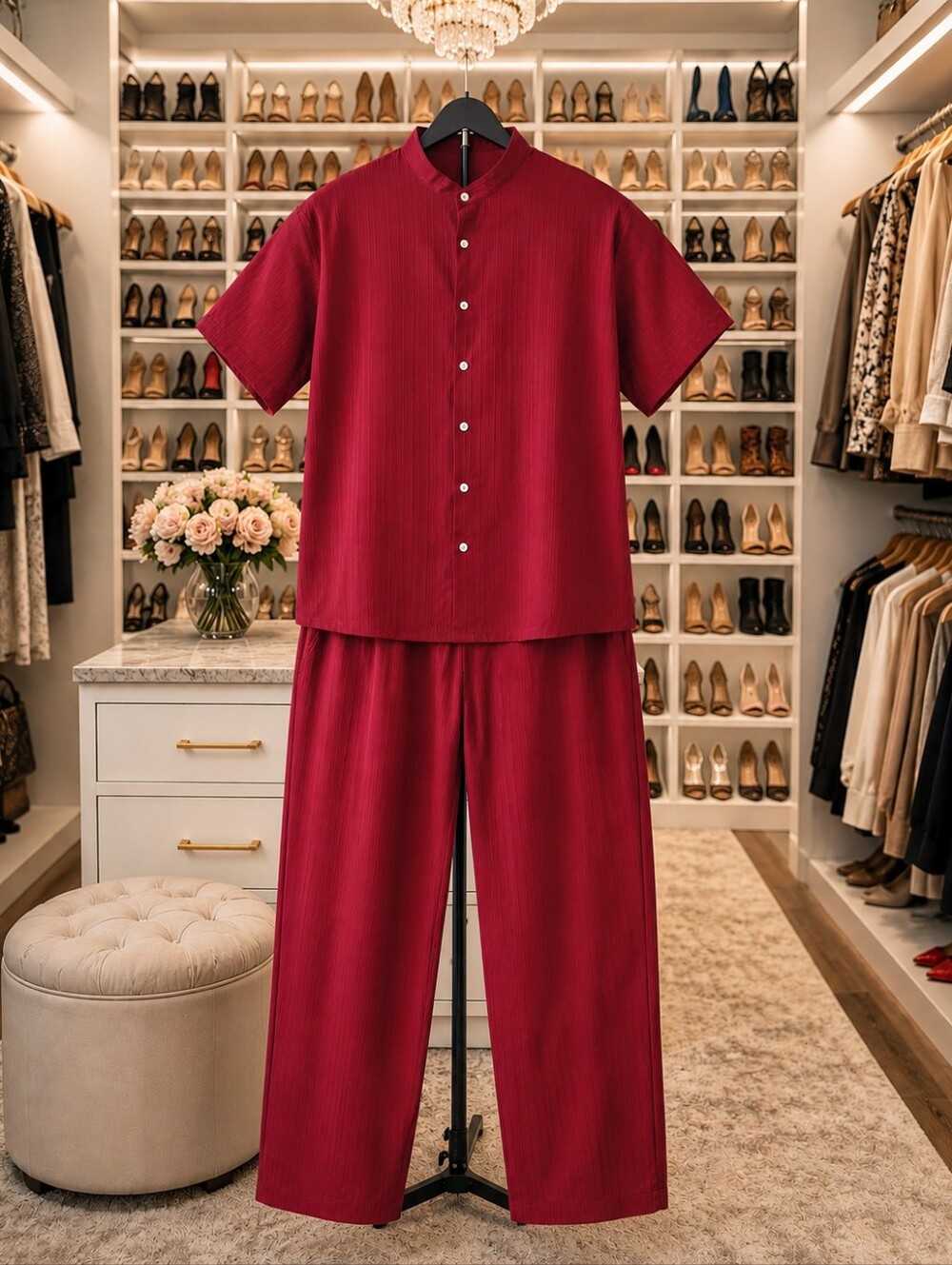 Women's Crimson Wide-Leg Two-Piece Jumpsuit Set